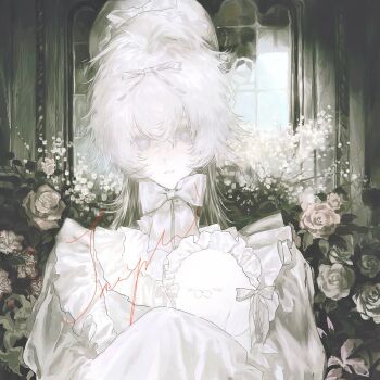 1girl androgynous bonnet bow bowtie capekachuu dress expressionless flower frilled_dress frills hair_between_eyes hair_bow hair_ribbon hat highres holding indoors long_sleeves looking_at_viewer medium_hair mirror original pale_skin parted_lips pink_flower pink_rose purple_eyes ribbon rose sample_watermark sleeves_past_fingers sleeves_past_wrists solo stuffed_toy upper_body watermark white_bow white_bowtie white_dress white_flower white_hair white_rose window