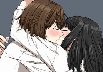 2girls absurdres black_hair blush brown_hair closed_eyes commentary_request french_kiss grey_background highres hug kiss long_hair multiple_girls original ryuusa shirt short_hair simple_background white_shirt yuri