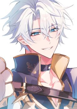 Rule 34 | 1boy, armor, belt, black belt, black choker, blue eyes, blush, choker, collarbone, commentary, crossed bangs, gold trim, grey hair, hair between eyes, highres, honkai: star rail, honkai (series), jacket, looking at viewer, male focus, papi sore, phainon (honkai: star rail), short hair, shoulder armor, simple background, smile, solo, symbol-only commentary, teeth, upper body, white background, white jacket, yellow pupils