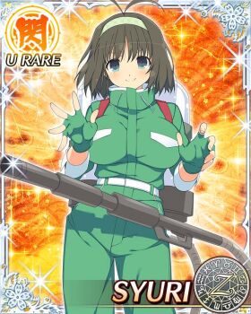 1girl antenna_hair blue_eyes blush bob_cut border breasts brown_hair card_(medium) character_name closed_mouth fingerless_gloves game_cg gloves green_gloves green_hairband green_jumpsuit hairband hose jumpsuit large_breasts looking_at_viewer medium_hair official_art parody proton_pack senran_kagura senran_kagura_new_wave smile solo syuri_(senran_kagura)