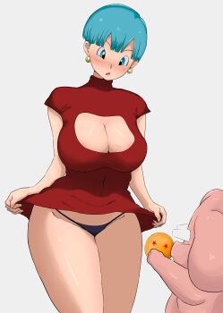 1girl absurdres bestiality breasts bulma curvy dragon_ball fat fat_man from_behind from_side highres huge_breasts large_breasts narrow_waist pig pig_boy shounen_jump simple_background size_difference tagme taller_female thick_thighs thighs wide_hips