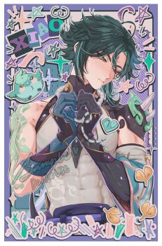 Rule 34 | 1boy, absurdres, ahoge, arm tattoo, averting eyes, bare shoulders, biceps, blush, border, character name, closed mouth, commentary, covered abs, covered navel, covered pectorals, english commentary, facial mark, forehead mark, genshin impact, green hair, heart, heart hands, highres, male focus, naya (onaxart), own hands together, pectorals, sample watermark, short hair, shy, solo, star (symbol), tattoo, toned, toned male, upper body, watermark, white border, xiao (genshin impact), yellow eyes