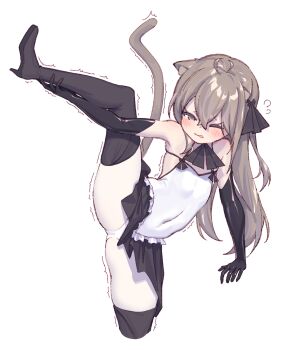 1boy absurdres ahoge animal_ears bare_shoulders bibiko_(shippitsu) black_boots black_gloves black_skirt blush boots bow bowtie brown_eyes brown_hair chinese_commentary commentary_request covered_navel elbow_gloves frilled_skirt frills gloves hair_between_eyes hair_bow half-closed_eyes high_heel_boots high_heels highres indie_virtual_youtuber leotard long_bangs long_hair one_eye_closed open_mouth panties panties_over_pantyhose pantyhose pleated_skirt shadow shippitsu sidelocks simple_background skirt solo split standing standing_on_one_leg standing_split tail thigh_boots trap trembling underwear virtual_youtuber white_background white_leotard white_panties white_pantyhose
