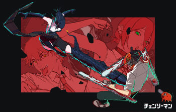 1boy 1girl absurdres alternate_form apron battle bkgreatsword black_apron black_gloves black_pants black_shorts black_thighhighs blood bomb_devil_(chainsaw_man) chainsaw chainsaw_man commentary_request denji_(chainsaw_man) duel dynamite elbow_gloves explosive gloves green_eyes grenade_pin highres object_head pants pochita_(chainsaw_man) reze_(chainsaw_man) sharp_teeth shirt shorts sleeveless sleeveless_shirt sleeves_rolled_up teeth thighhighs white_shirt