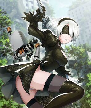 1girl 2b_(nier:automata) ass black_dress black_hairband black_skirt black_thighhighs blindfold blue_sky breasts cleavage cleavage_cutout clothing_cutout day dress feet_out_of_frame game_cg grey_hair hairband holding holding_sword holding_weapon katana long_sleeves medium_breasts mole mole_under_mouth nier:automata nier_(series) official_art outdoors panties pantyshot parted_lips pod_(nier:automata) robot ruins short_hair skirt sky solo sword sword_on_back teeth thighhighs third-party_source tree twisted_torso underwear urban weapon weapon_on_back white_panties