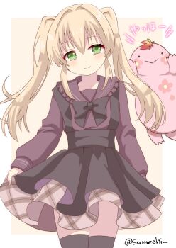 1girl absurdres alternate_costume arm_at_side black_bow black_bowtie black_skirt black_thighhighs blonde_hair blush border bow bowtie closed_mouth commentary_request cowboy_shot frilled_shirt_collar frills green_eyes hair_intakes hair_ornament high-waist_skirt highres jirai_kei long_hair long_sleeves looking_at_viewer outside_border purple_shirt shirt sidelocks simple_background skirt skirt_hold smile solo split_mouth stuffed_animal stuffed_toy sumechi summer_pockets suspender_skirt suspenders thighhighs tsumugi_wenders twintails twitter_username white_border x_hair_ornament yellow_background zettai_ryouiki