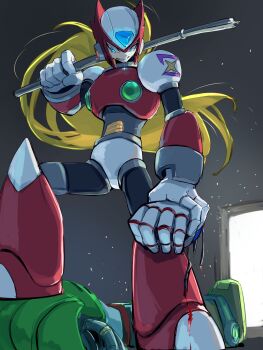 Rule 34 | 2boys, absurdres, armor, blonde hair, blue eyes, chest jewel, forehead jewel, green armor, helmet, highres, holding, holding lead pipe, lead pipe, long hair, male focus, mega man (series), mega man x4, mega man x (series), multiple boys, omochi (mochi skymega), parted lips, red armor, red helmet, sigma (mega man), smirk, solo focus, standing on person, zero (mega man)