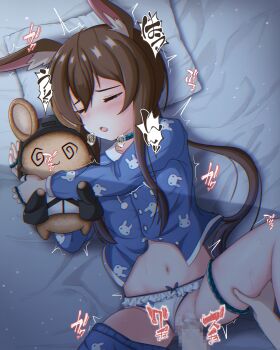 1boy 1girl :3 @_@ absurdres amiya_(arknights) animal_print arknights bed_sheet blue_pajamas bow bow_panties brown_fur censored choker closed_eyes clothes_pull cum cum_in_pussy doctor_(arknights) floppy_ears frilled_panties frills hair_between_eyes hetero highres holding holding_stuffed_toy holding_toy hugging_doll hugging_object infection_monitor_(arknights) japanese_text jewelry leg_grab leg_lift loli long_hair long_sleeves lying morikado mosaic_censoring multiple_rings navel night objectification on_back on_bed pajamas pajamas_pull panties penis pillow ponytail pussy rabbit_ears rabbit_girl rabbit_print rape ring sex shadow sidelocks sleep_molestation sleep_sex sleeping sound_effects spread_legs stomach stuffed_animal stuffed_rabbit stuffed_toy sweat tearing_up tears thigh_strap thighs toy unbuttoned underwear vaginal variant_set white_fur white_panties