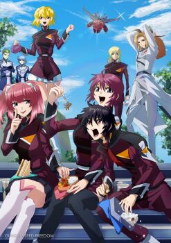 Rule 34 | 3girls, 5boys, agnes giebenrath, auel neider, bento, black hair, blonde hair, chopsticks, compass uniform, copyright name, eating, food, fork, gundam, gundam seed, gundam seed destiny, gundam seed freedom, heine westenfluss, highres, holding, holding fork, looking at viewer, lunamaria hawke, lunchbox, military uniform, multiple boys, multiple girls, purple eyes, red eyes, red hair, rey za burrel, sandwich, shinn asuka, sitting, skirt, smile, stellar loussier, sting oakley, takatoshi, z'gok (seed)