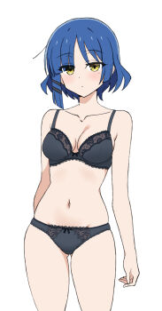 1girl arms_at_sides black_bra black_panties blue_hair bocchi_the_rock! bow bow_bra bow_panties bra breasts closed_mouth collarbone cowboy_shot crotch_seam dot_mouth dot_nose gluteal_fold hair_ornament hairclip hamuno highres large_breasts looking_at_viewer mole mole_under_eye panties parallel_hairclips parted_bangs short_hair simple_background solo standing straight-on underwear underwear_only white_background yamada_ryo