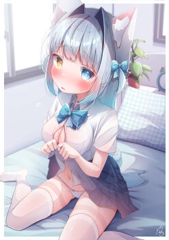 1girl absurdres alarm_clock animal_ear_fluff animal_ears bedroom blue_bow blue_bowtie blue_eyes blue_skirt blush border bow bowtie breasts button_gap cleavage clock clothes_lift commentary_request day dress_shirt fang frown hair_bow hair_intakes heart heart-shaped_pupils heterochromia highres indoors komugi-chan_(komugi) komugi_(2212) lifting_own_clothes loli looking_at_viewer loving_aura medium_breasts medium_hair mole mole_on_stomach navel nervous_sweating no_shoes nose_blush on_bed original panties partially_unbuttoned pillow plaid_bow plaid_bowtie plaid_clothes plaid_pillow plant pleated_skirt potted_plant school_uniform shirt short_sleeves signature sitting skin_fang skirt skirt_lift sweat symbol-shaped_pupils tail thighhighs two_side_up underwear wariza white_border white_panties white_shirt white_thighhighs window wing_collar wolf_ears wolf_girl wolf_tail yellow_eyes