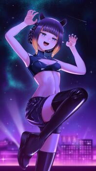 1girl absurdres bare_shoulders black_nails black_shorts blunt_bangs boots braid braided_hair_rings building city city_lights cityscape claw_pose cleavage_cutout clothing_cutout commentary cosplay crop_top english_commentary fang gradient_hair hair_rings highres hololive hololive_english jitome light_particles luke_s_(artist) mole mole_under_eye multicolored_hair nail_polish nanakusa_nazuna_(yofukashi_no_uta) nanakusa_nazuna_(yofukashi_no_uta)_(cosplay) navel night ninomae_ina'nis open_mouth orange_hair outdoors platform_boots pointy_ears purple_hair shiny_clothes shooting_star short_hair shorts sky skyline sleeveless smile solo star_(sky) starry_sky tentacle_hair thigh_boots turtleneck virtual_youtuber yofukashi_no_uta
