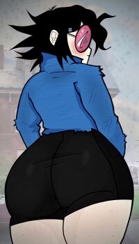 1girl anus anus_outline asian ass ass_focus bad_tag black_hair breasts female from_behind gorillaz highres huge_ass looking_at_another looking_at_viewer looking_back looking_to_the_side noodle_(gorillaz) pink-tinted_eyewear plump redraw shellzzz solo sunglasses thick_thighs thighs tight_clothes tinted_eyewear