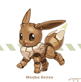 artist_name character_name eevee english_text full_body gen_1_pokemon looking_at_viewer lordyanyu mechanization nintendo no_humans open_mouth pokemon pokemon_(creature) robot simple_background solo white_background