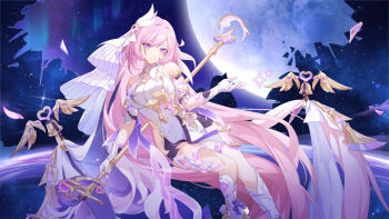 1girl absurdres bare_shoulders breasts closed_mouth commentary_request dress elf elysia_(herrscher_of_human:_ego)_(honkai_impact) elysia_(honkai_impact) full_body full_moon gloves hair_between_eyes hair_ornament hair_spread_out highres honkai_(series) honkai_impact_3rd huge_moon long_hair looking_at_viewer monabianou moon night night_sky pink_eyes pink_hair pointy_ears sky smile solo star_(sky) symbol-shaped_pupils veil very_long_hair white_dress white_gloves