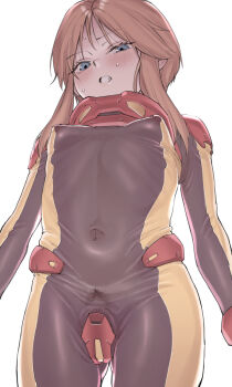 1girl blue_eyes blush bodysuit breasts brown_hair commentary_request covered_erect_nipples covered_navel crotch_plate female_pubic_hair from_below gundam gundam_zz highres kouya_toufu looking_at_viewer looking_down mecha_pilot_suit open_mouth pubic_hair pubic_hair_peek puru_two see-through_clothes short_hair_with_long_locks sidelocks simple_background skin_tight small_breasts solo sparse_pubic_hair standing sweat white_background