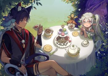 1boy 2girls adapted_costume alternate_costume alternate_skin_color animal_ear_fluff animal_ears aranara_(genshin_impact) ararycan_(genshin_impact) arm_rest armor bare_shoulders bead_necklace beads biscuit_(bread) black_shirt black_sleeves blunt_ends blush bracelet braid bright_pupils cat_boy cat_ears cat_tail chair closed_mouth collarbone creature creature_on_shoulder cross-shaped_pupils crossed_legs cup dress elbow_rest eyelashes eyeliner eyeshadow facing_to_the_side feathers fingernails food frilled_dress frills genshin_impact gold gold_trim grass green_eyes green_hair green_sleeves grey_shirt hair_between_eyes hair_ornament half_crown_braid halvamazd_(genshin_impact) heart heart-shaped_food highres holding holding_cup japanese_armor jewelry kote kurokote layered_sleeves leaf leaf_hair_ornament long_hair looking_at_another low-braided_long_hair low-tied_long_hair macaron makeup mandarin_collar multicolored_hair multiple_girls nahida_(genshin_impact) neck_ring necklace obscured_eyes off-shoulder_dress off_shoulder on_shoulder open_hand open_mouth outdoors plant plate pointy_ears pom_pom_(clothes) purple_dress purple_eyes purple_hair raglan_sleeves raiden_shogun red_eyeliner red_eyeshadow red_nails red_sleeves red_trim scaramouche_(genshin_impact) sharp_fingernails shirt short_sleeves side_ponytail sidelocks sitting source_request split_mouth spoon streaked_hair string sugar_cube symbol-shaped_pupils table tablecloth tail tea_party teacup teapot thigh_strap tsurime undershirt v-neck vines white_dress white_hair white_pupils wispy_bangs yellow_feathers yunhhj