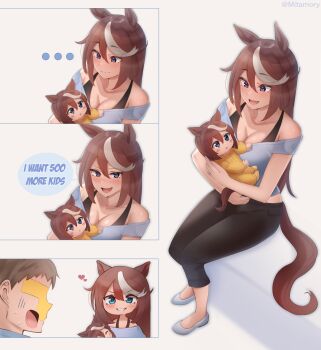 ... 1boy 2girls absurdres animal_ears baby bare_shoulders black_pants blue_eyes blue_shirt blush bra_strap breasts brown_hair cleavage closed_mouth collarbone commentary dress english_commentary english_text hair_between_eyes highres horse_ears horse_girl horse_tail jewelry large_breasts long_hair looking_at_viewer mitamory mother_and_child multicolored_hair multiple_girls off-shoulder_dress off_shoulder onesie open_mouth pants parent_and_child revision ring shirt shoes short_hair sitting smile speech_bubble streaked_hair t-head_trainer_(umamusume) tail tokai_teio_(umamusume) trainer_(umamusume) two-tone_hair umamusume wedding_ring white_hair white_streaks
