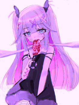 1girl absurdres bandaid between_legs black_dress cuffs dress eating food gauze gauze_on_cheek hair_ornament hand_between_legs handcuffs hayu_(hayu0305) highres holding holding_food looking_at_viewer original purple_hair raw_meat simple_background strap_slip two_side_up upper_body x_hair_ornament
