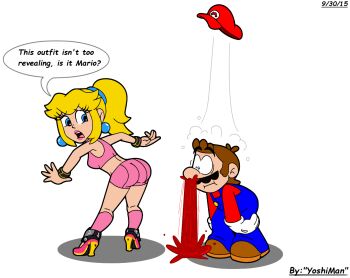 1boy 1girl accidental_pervert aroused_nosebleed artist_name ass bent_over blonde_hair blood breasts earrings embarrassed facial_hair full_body gloves hat high_heels jewelry looking_at_another looking_back mario mario_(series) mario_strikers_(series) mustache nintendo nosebleed open_mouth overalls ponytail princess_peach red_hat shorts speech_bubble