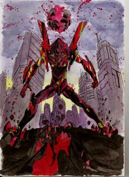 Rule 34 | angel (evangelion), artist request, blood, eva 01, evangelion (mecha), ground shatter, horns, leliel (evangelion), looking at viewer, mecha, mecha focus, neon genesis evangelion, no humans, robot, science fiction, single horn