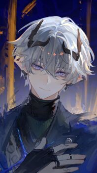 Rule 34 | 1boy, ardashir (arknights), arknights, arknights: endfield, black gloves, black horns, black shirt, blue eyes, blue jacket, closed mouth, ear covers, gloves, grey hair, hashtag-only commentary, highres, horns, jacket, lapels, looking at viewer, male focus, partially fingerless gloves, pointy ears, portrait, shirt, short hair, simple background, solo, turtleneck, white background, yuqiu777