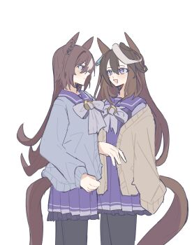 Rule 34 | 2girls, absurdres, animal ears, black pantyhose, blue cardigan, blush, bow, bowtie, breasts, brown cardigan, brown hair, cardigan, closed mouth, commentary request, ear ornament, earrings, hair between eyes, highres, horse ears, horse girl, horse tail, jewelry, kiri rio7, long hair, long sleeves, multicolored hair, multiple girls, open cardigan, open clothes, open mouth, pantyhose, pleated skirt, purple eyes, purple sailor collar, purple serafuku, purple shirt, purple skirt, red eyes, sailor collar, sailor shirt, school uniform, serafuku, shirt, simple background, single earring, sirius symboli (umamusume), skirt, smile, streaked hair, symboli rudolf (umamusume), tail, tracen school uniform, umamusume, very long hair, white background, white bow, white bowtie, white hair