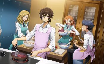 2boys 2girls artist_request black_eyes black_hair black_necktie blonde_hair blue_eyes breasts code_geass code_geass:_lost_stories cooking cooking_pot game_cg green_eyes green_hair grey_hair grilling highres kitchen lelouch_vi_britannia long_hair milly_ashford multiple_boys multiple_girls neck necktie non-web_source official_art orange_hair purple_eyes rivalz_cardemonde school_uniform shirley_fenette shirt short_hair smile stove teeth white_shirt