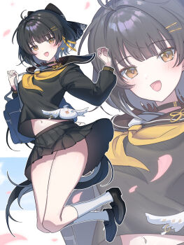 1girl abby_(wuthering_waves) alternate_costume black_bow black_choker black_hair black_sailor_collar black_serafuku black_shirt black_shoes black_skirt bow breasts choker commentary_request earrings female_rover_(wuthering_waves) hair_bow hair_ornament hair_ribbon hairclip hands_up highres jewelry long_hair looking_at_viewer medium_breasts mutii neckerchief open_mouth parallel_hairclips ribbon rover_(wuthering_waves) sailor_collar school_uniform serafuku shirt shoes skirt smile socks thighs triangle_earrings very_long_hair white_socks wuthering_waves yellow_eyes yellow_neckerchief yellow_ribbon zoom_layer