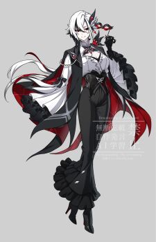 1girl akazu_kieshi arlecchino_(genshin_impact) black_coat black_eyes black_hands black_pants breasts cleavage coat colored_extremities eye_mask frills full_body genshin_impact grey_background highres holding holding_mask long_sleeves mask multicolored_hair pants red_pupils simple_background solo streaked_hair symbol-shaped_pupils white_hair x-shaped_pupils