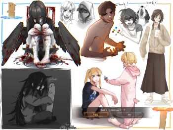 2boys 6+girls absurdres animal barefoot beard bird black_shirt black_wings blood brown_hair brown_skirt brown_sweater cat_baguette_(popopoka) crow dark_souls_(series) dog english_text erika_(popopoka) facial_hair highres long_hair low_twintails mimi_(popopoka) multiple_boys multiple_girls open_mouth original pacifier popopoka portal_(object) self-harm_scar shirt shoes short_hair short_sleeves sitting skirt sophie&#039;s_dog_(popopoka) sophie_(popopoka) sweater teeth tongue tongue_out twintails wings