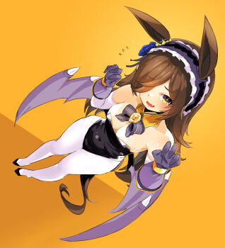1girl adapted_costume animal_ears black_leotard black_shoes blue_flower blue_rose blush bow bowtie breasts brooch brown_hair claw_pose cleavage collar demon_wings detached_collar dutch_angle ear_ornament elbow_gloves fang flower flying_sweatdrops frilled_hairband frills from_above full_body gloves hair_over_one_eye hairband hands_up highres horse_ears horse_girl horse_tail jewelry leotard long_hair looking_at_viewer medium_breasts naik nervous_smile one_eye_covered orange_background orange_collar pantyhose playboy_bunny purple_bow purple_bowtie purple_gloves purple_wings rice_shower_(make_up_vampire!)_(umamusume) rice_shower_(umamusume) rose shoes skin_fang smile solo strapless strapless_leotard tail umamusume white_gloves white_pantyhose wings yellow_eyes