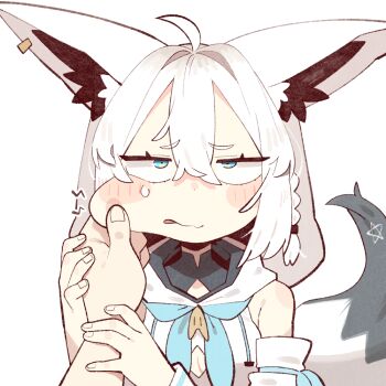 1girl 1other ahoge animal_ear_fluff animal_ear_piercing animal_ears bare_shoulders braid cocomayo29_(tomato) commentary_request earrings fox_ears fox_girl fox_tail hair_between_eyes hands_on_another's_arm hololive jewelry korean_commentary long_hair looking_at_viewer meme pentagram pov pov_cheek_grabbing_(meme) shirakami_fubuki shirakami_fubuki_(1st_costume) simple_background single_braid single_earring tail virtual_youtuber white_hair