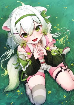 1girl :d ahoge animal_ears ferret_ears ferret_girl ferret_tail food fruit gradient_hair grass green_eyes green_hair green_hairband green_sleeves green_tail hair_between_eyes hair_ribbon hairband headphones headphones_around_neck highres indie_virtual_youtuber jewelry leg_warmers lime_(fruit) lime_slice limealicious long_sleeves looking_at_viewer looking_up multicolored_hair necklace nishiuji open_mouth outdoors overall_shorts overalls pink_overalls ribbon shorts single_thighhigh sitting smile striped_clothes striped_thighhighs sweater thigh_strap thighhighs thighs twintails vinesauce virtual_youtuber white_hair white_shorts white_sweater
