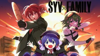 3girls age_difference alternate_costume anya_(spy_x_family) anya_(spy_x_family)_(cosplay) baguette beret black_dress black_gloves black_jacket black_pants black_shirt black_suit blush bread breasts carrot child city cleavage commentary_request cosplay dress drill_hair explosion explosion_background flat_chest food formal_clothes gloves goggles goggles_on_head green_eyes green_hair gumi hair_between_eyes hat highres holding holding_carrot holding_food holding_vegetable jacket kasane_teto korean_commentary long_bangs medium_breasts multiple_girls necktie orange_sky otomachi_una outstretched_arm outstretched_arms pants purple_eyes purple_hair red_eyes red_hair red_necktie samsap shirt sky smile spy_x_family suit suit_jacket twilight twilight_(spy_x_family) twilight_(spy_x_family)_(cosplay) twin_drills twintails utau vegetable vocaloid yor_briar yor_briar_(cosplay)