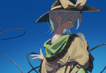 1girl back backlighting black_hat blue_background blush_stickers bow closed_mouth commentary cowboy_shot frilled_shirt_collar frilled_sleeves frills gradient_background green_eyes green_hair green_nails hat hat_ribbon highres komeiji_koishi looking_at_viewer looking_to_the_side nape open_clothes open_shirt ribbon seductive_smile shirt short_hair single_bare_shoulder smile solo touhou tuck_(tuck23978434) w yellow_bow yellow_shirt