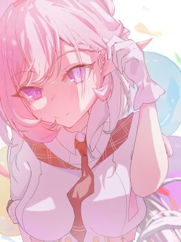 1girl absurdres alternate_costume beret breasts chinese_commentary commentary_request diamond-shaped_pupils diamond_(shape) elysia_(hi_love_elf)_(honkai_impact) elysia_(honkai_impact) gloves hat highres honkai_(series) honkai_impact_3rd large_breasts long_hair looking_at_viewer miao_miao_(user_pydw7422) necktie pink_hair purple_eyes red_necktie shirt smile solo symbol-shaped_pupils very_long_hair white_gloves white_shirt