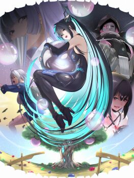 5girls absurdly_long_hair aqua_hair black_bodysuit black_hair blue_jumpsuit bodysuit breasts bubble detached_sleeves fune_(fune83ojj) goddess_of_victory:_nikke high_heels highres hugging_object jien_(nikke) jumpsuit little_mermaid_(nikke) long_hair mask medium_breasts mihara_(bonding_chain)_(nikke) mihara_(nikke) mori_(nikke) multicolored_hair multiple_girls pink_hair purple_hair running sleeveless sleeveless_bodysuit tree very_long_hair white_hair yuni_(chimera)_(nikke) yuni_(nikke)