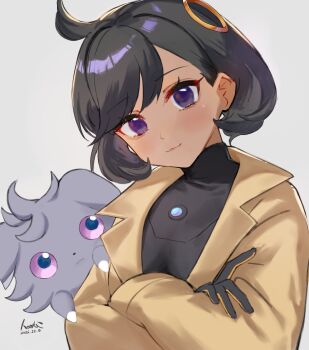 1girl absurdres ahoge black_bodysuit black_hair bodysuit bodysuit_under_clothes closed_mouth collared_jacket commentary_request dated emma_(pokemon) eyelashes gloves head_tilt highres hoshizora_(hoxisola) jacket nintendo pokemon pokemon_(creature) pokemon_legends:_z-a ring_hair_ornament short_hair signature smile