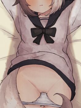 1girl arms_up bed_sheet black_hair black_sailor_collar blue_panties bow bow_panties clothes_lift commentary eyes_out_of_frame female_pubic_hair fox_girl fox_tail grey_hair head_out_of_frame highres kuon_(meguru_1225) lying meguru_1225 multicolored_hair no_pants on_back open_mouth original panties panty_pull pubic_hair sailor_collar sailor_shirt shirt shirt_lift short_hair solo striped_clothes striped_panties tail two-tone_hair underwear white_shirt