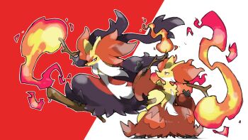 animal_ear_fluff blacknirrow closed_mouth commentary delphox fire gen_6_pokemon highres holding holding_stick mega_delphox mega_pokemon nintendo orange_eyes outline pokemon pokemon_(creature) pokemon_focus simple_background stick two-tone_background white_outline