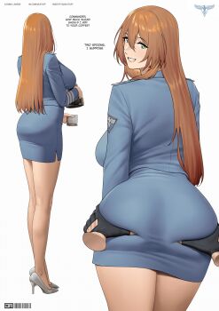 1boy 1girl absurdres ass black_gloves breasts brown_hair coffee coffee_pot commander_(girls'_frontline) commentary commentary_request cup english_commentary english_text girls'_frontline gloves grabbing_another's_ass green_eyes groping highres j_adsen long_hair looking_back mature_female mixed-language_commentary pov pov_hands russian_commentary smile springfield_(girls'_frontline) twitter_username vk_username