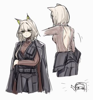 Rule 34 | 1girl, 1other, alternate costume, ambiguous gender, animal ears, arknights, bare back, cat ears, coat, cosplay, doctor (arknights), faust (project moon), faust (project moon) (cosplay), green eyes, highres, hood, kal'tsit (arknights), limbus company, meme, multiple views, project moon, renka (renxka), shirt, short hair, two soyjaks pointing (meme), white background, white hair