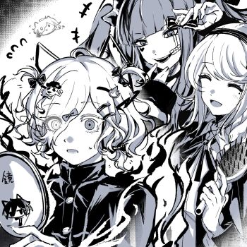 1boy 2girls :d ^_^ amemiya_darumi bow braid character_pin chibi chibi_inset closed_eyes collared_shirt commentary english_commentary eyes_visible_through_hair facial_mark fire flying_sweatdrops gakuran greyscale hair_bow hair_brush hair_ornament hair_over_one_eye hairband hairpin hand_mirror heart heart_facial_mark heterochromia highres holding holding_hair_brush holding_mirror jacket kirifuji_nozomi long_hair looking_at_mirror makeup mero_(merope_hika) mirror monochrome multiple_girls neck_ribbon open_clothes open_jacket open_mouth ribbon school_uniform shion_(hundred_line) shirt short_hair sirei_(hundred_line) smile sweatdrop the_hundred_line_-last_defense_academy- twintails wide-eyed