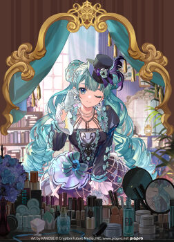 1girl alternate_costume aqua_hair artist_name black_dress black_hat blue_eyes blunt_bangs bottle bow bow_earrings breasts character_name collarbone copyright_logo copyright_name curtains double_bun dress drill_hair earrings flower gloves hair_bun half-heart_hands hand_mirror hat hatsune_miku highres hitokoto jewelry lipstick logo long_sleeves makeup mini_hat mini_top_hat mirror official_alternate_costume official_art perfume_bottle piapro_studio puffy_sleeves reflection small_breasts smile solo tareme top_hat twin_drills twintails vocaloid white_gloves