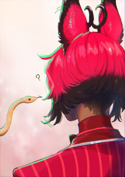 1boy ? absurdres alastor_(hazbin_hotel) animal_ears antlers blackberreh-art bob_cut coat commentary deer_antlers deer_boy deer_ears demon_boy formal_clothes from_behind hazbin_hotel hellaverse highres horns male_focus multicolored_hair red_hair red_suit short_hair snake striped_coat suit symbol-only_commentary undercut vertical-striped_coat