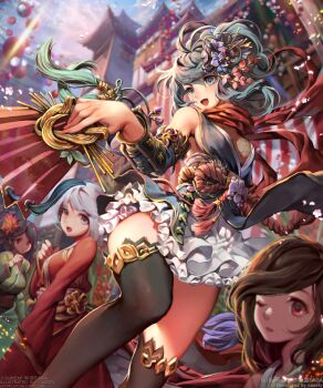 4girls :d aqua_eyes architecture artist_name black_hair black_legwear blurry blurry_background blurry_foreground braid breasts brown_hair caesty character_request commentary_request company_name depth_of_field dress east_asian_architecture flower frilled_skirt frills from_below hair_flower hair_ornament holding japanese_clothes kimono long_hair multiple_girls official_art one_eye_closed open_mouth outdoors red_eyes red_scarf scarf sengoku_saga short_hair sideboob silver_hair skirt smile sword thighhighs watermark weapon web_address