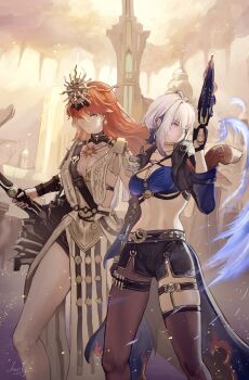 2girls absurdres ancient_greek_clothes armor augusta_(wuthering_waves) black_gloves black_jacket black_pantyhose black_shorts black_thighhighs blue_bra bra breastplate breasts chucky_(chucky1000sun) cleavage closed_mouth commentary cropped_jacket dress earrings galbrena_(wuthering_waves) gloves gold_choker greatsword greco-roman_clothes grey_hair gun hand_up headgear highres holding holding_gun holding_sword holding_weapon jacket jewelry medium_breasts medium_hair multiple_girls navel orange_hair orange_sky outdoors pantyhose purple_eyes red_eyes shorts sidelocks single_glove single_leg_pantyhose single_thighhigh sky stomach sun_earrings sun_necklace sword thigh_strap thighhighs thighs underwear weapon white_dress wuthering_waves