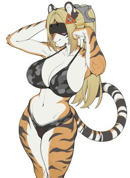 1girl animal_ears armpits bikini blindfold_mask blonde_hair breasts furrification furry furry_female head-mounted_display highres kambo large_breasts long_hair mask navel simple_background smile solo swimsuit tiger_girl trigger_(zenless_zone_zero) white_background zenless_zone_zero