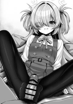 1boy 1girl arms_behind_back bar_censor belt blue_archive blush buttons censored collared_shirt commentary_request diagonal-striped_ribbon dot_nose dress erection eyes_visible_through_hair feet footjob footjob_with_legwear fukemachi greyscale grin hair_between_eyes hair_over_one_eye halo hetero highres kanoe_(blue_archive) knees_up loli long_hair long_sleeves looking_at_viewer male_pubic_hair monochrome neck_ribbon no_shoes panties panties_under_pantyhose pantyhose penis pinafore_dress pov pov_crotch pubic_hair ribbon scar scar_on_neck sensei_(blue_archive) shirt sleeveless sleeveless_dress smile solo_focus spread_legs textless_version toes twitching_penis two-footed_footjob two_side_up underwear very_long_hair